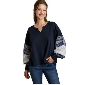 Umgee L Navy Long Sleeve Top with Patterned Sleeves